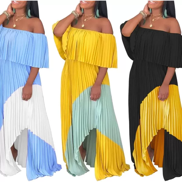 IyMoo Womens Sexy Chiffon Sundress Off Shoulder Ombre Tie Dye Pleated Skirts Long Boho Beach Maxi DressBlue