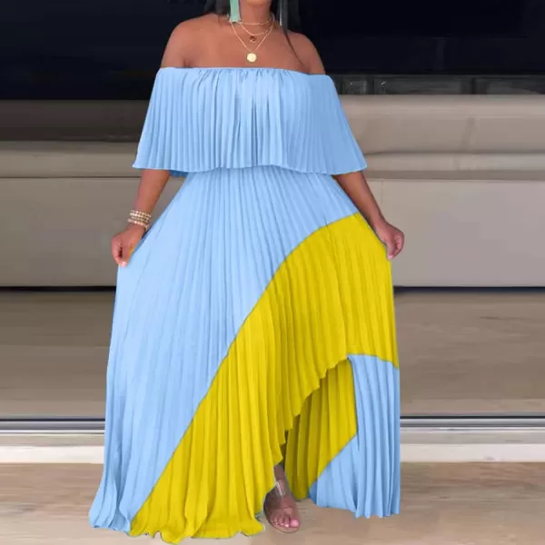 IyMoo Womens Sexy Chiffon Sundress Off Shoulder Ombre Tie Dye Pleated Skirts Long Boho Beach Maxi DressBlue Yellow