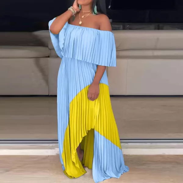IyMoo Womens Sexy Chiffon Sundress Off Shoulder Ombre Tie Dye Pleated Skirts Long Boho Beach Maxi DressBlue Yellow