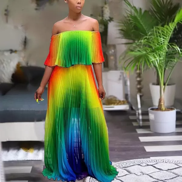 IyMoo Womens Sexy Chiffon Sundress Off Shoulder Ombre Tie Dye Pleated Skirts Long Boho Beach Maxi DressGreen