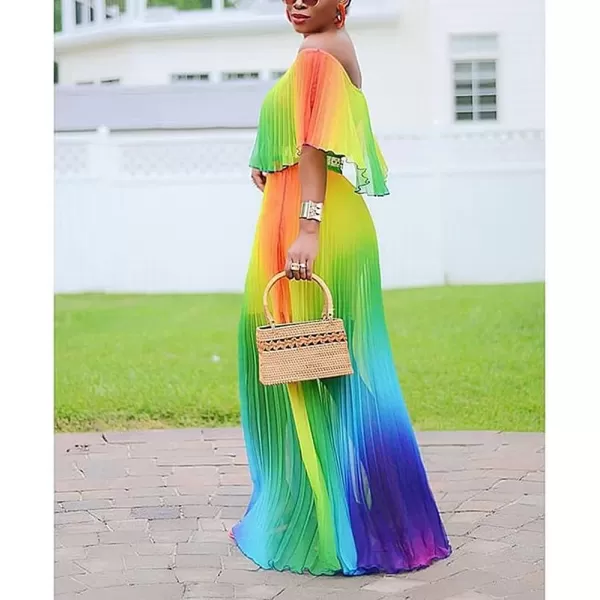 IyMoo Womens Sexy Chiffon Sundress Off Shoulder Ombre Tie Dye Pleated Skirts Long Boho Beach Maxi DressGreen