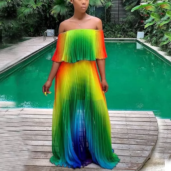 IyMoo Womens Sexy Chiffon Sundress Off Shoulder Ombre Tie Dye Pleated Skirts Long Boho Beach Maxi DressGreen