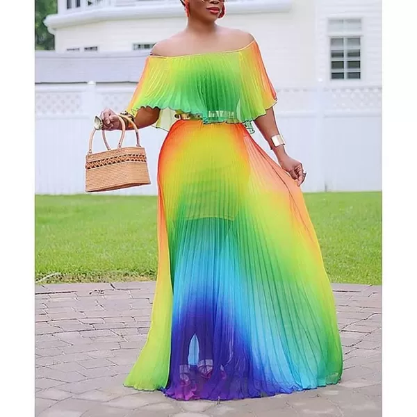 IyMoo Womens Sexy Chiffon Sundress Off Shoulder Ombre Tie Dye Pleated Skirts Long Boho Beach Maxi DressGreen