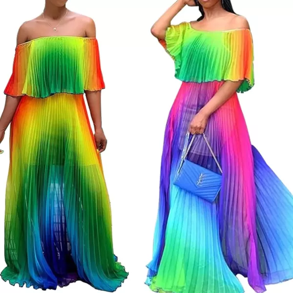 IyMoo Womens Sexy Chiffon Sundress Off Shoulder Ombre Tie Dye Pleated Skirts Long Boho Beach Maxi DressGreen