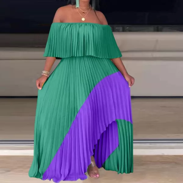IyMoo Womens Sexy Chiffon Sundress Off Shoulder Ombre Tie Dye Pleated Skirts Long Boho Beach Maxi DressGreen Purple