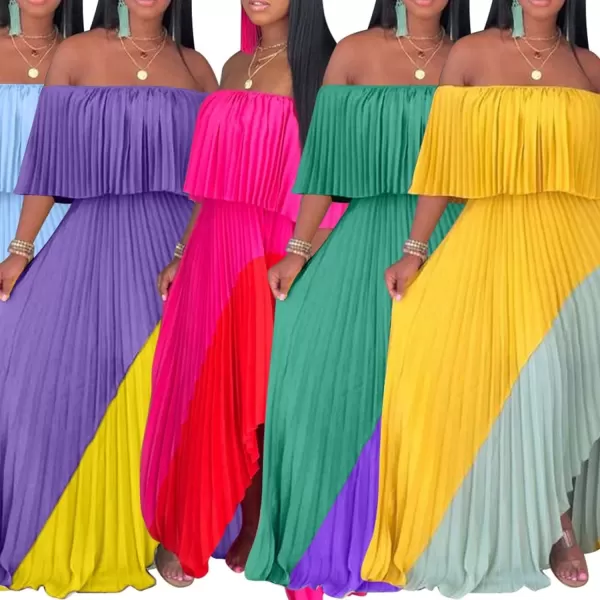 IyMoo Womens Sexy Chiffon Sundress Off Shoulder Ombre Tie Dye Pleated Skirts Long Boho Beach Maxi DressGreen Purple