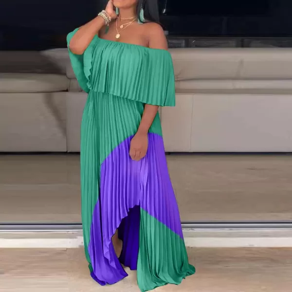 IyMoo Womens Sexy Chiffon Sundress Off Shoulder Ombre Tie Dye Pleated Skirts Long Boho Beach Maxi DressGreen Purple
