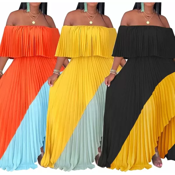 IyMoo Womens Sexy Chiffon Sundress Off Shoulder Ombre Tie Dye Pleated Skirts Long Boho Beach Maxi DressOrange
