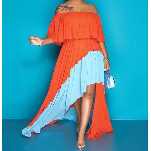 IyMoo Womens Sexy Chiffon Sundress Off Shoulder Ombre Tie Dye Pleated Skirts Long Boho Beach Maxi DressOrange