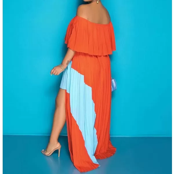 IyMoo Womens Sexy Chiffon Sundress Off Shoulder Ombre Tie Dye Pleated Skirts Long Boho Beach Maxi DressOrange