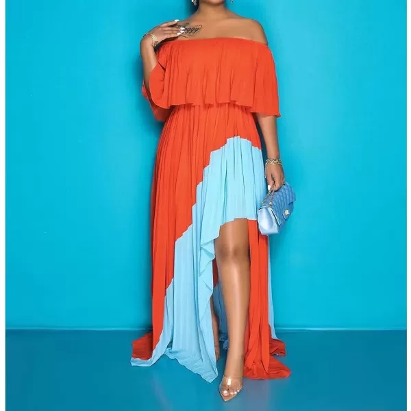 IyMoo Womens Sexy Chiffon Sundress Off Shoulder Ombre Tie Dye Pleated Skirts Long Boho Beach Maxi DressOrange