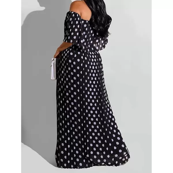 IyMoo Womens Sexy Chiffon Sundress Off Shoulder Ombre Tie Dye Pleated Skirts Long Boho Beach Maxi DressPolka Dot Black
