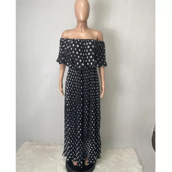 IyMoo Womens Sexy Chiffon Sundress Off Shoulder Ombre Tie Dye Pleated Skirts Long Boho Beach Maxi DressPolka Dot Black