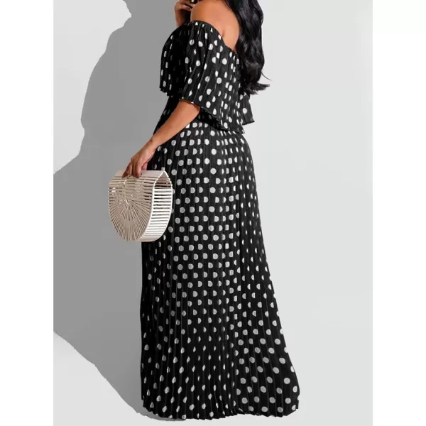 IyMoo Womens Sexy Chiffon Sundress Off Shoulder Ombre Tie Dye Pleated Skirts Long Boho Beach Maxi DressPolka Dot Black