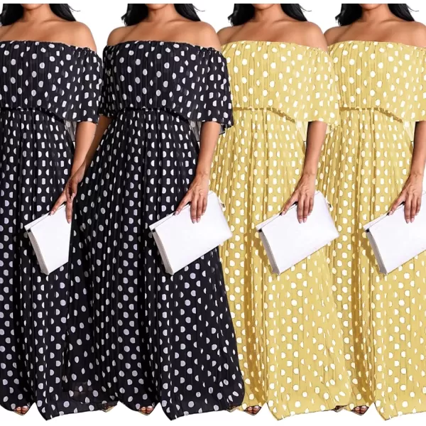 IyMoo Womens Sexy Chiffon Sundress Off Shoulder Ombre Tie Dye Pleated Skirts Long Boho Beach Maxi DressPolka Dot Black