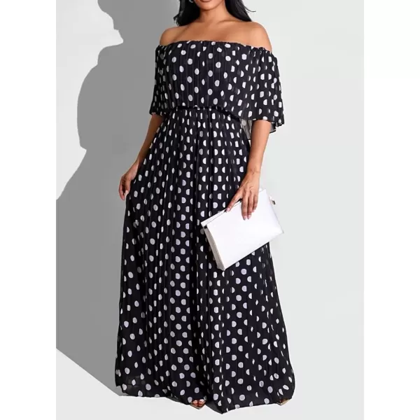 IyMoo Womens Sexy Chiffon Sundress Off Shoulder Ombre Tie Dye Pleated Skirts Long Boho Beach Maxi DressPolka Dot Black