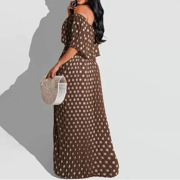 IyMoo Womens Sexy Chiffon Sundress Off Shoulder Ombre Tie Dye Pleated Skirts Long Boho Beach Maxi DressPolka Dot Coffee