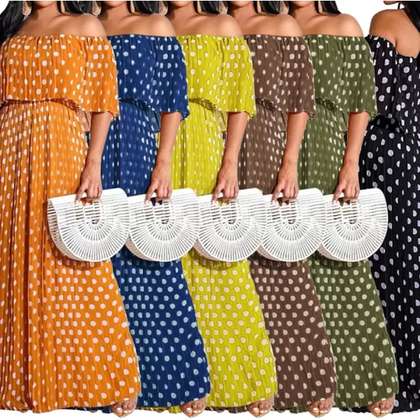 IyMoo Womens Sexy Chiffon Sundress Off Shoulder Ombre Tie Dye Pleated Skirts Long Boho Beach Maxi DressPolka Dot Coffee