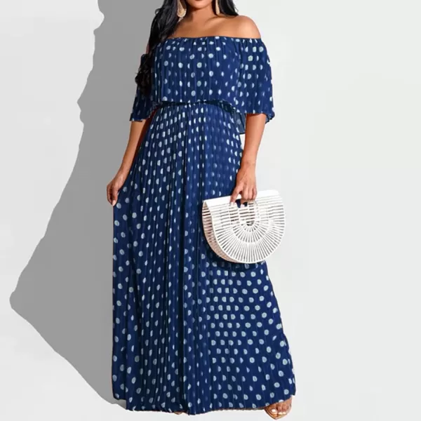 IyMoo Womens Sexy Chiffon Sundress Off Shoulder Ombre Tie Dye Pleated Skirts Long Boho Beach Maxi DressPolka Dot Navy Blue