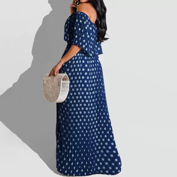 IyMoo Womens Sexy Chiffon Sundress Off Shoulder Ombre Tie Dye Pleated Skirts Long Boho Beach Maxi DressPolka Dot Navy Blue