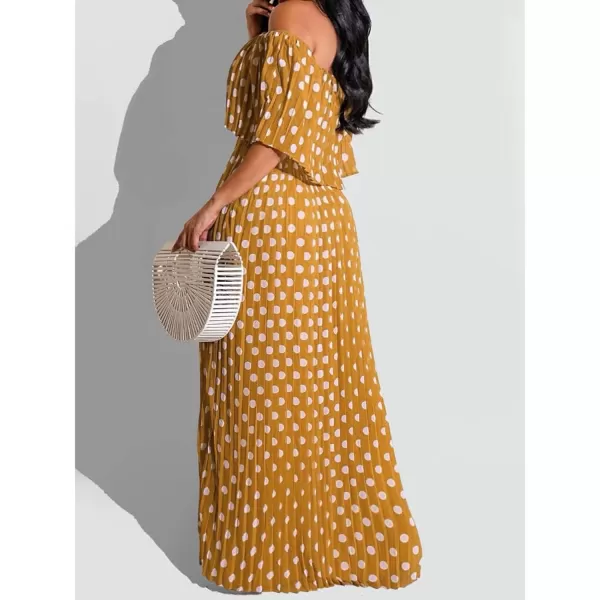 IyMoo Womens Sexy Chiffon Sundress Off Shoulder Ombre Tie Dye Pleated Skirts Long Boho Beach Maxi DressPolka Dot Orange Yellow