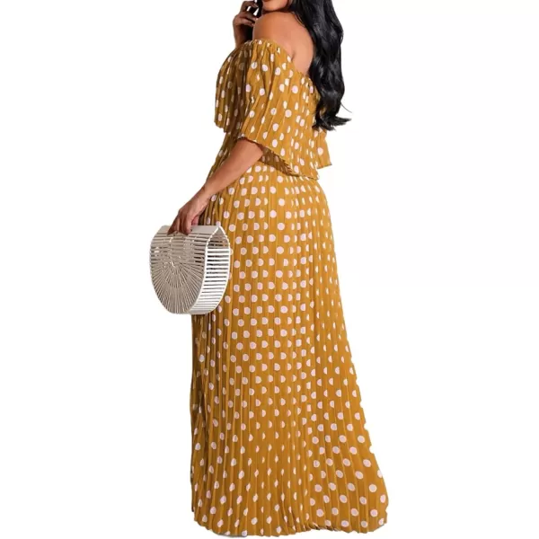 IyMoo Womens Sexy Chiffon Sundress Off Shoulder Ombre Tie Dye Pleated Skirts Long Boho Beach Maxi DressPolka Dot Orange Yellow