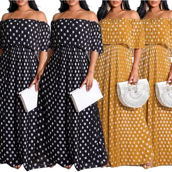 IyMoo Womens Sexy Chiffon Sundress Off Shoulder Ombre Tie Dye Pleated Skirts Long Boho Beach Maxi DressPolka Dot Orange Yellow