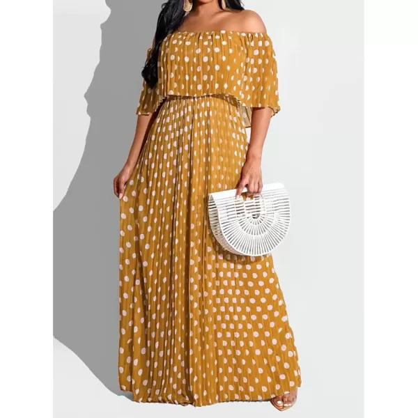 IyMoo Womens Sexy Chiffon Sundress Off Shoulder Ombre Tie Dye Pleated Skirts Long Boho Beach Maxi DressPolka Dot Orange Yellow