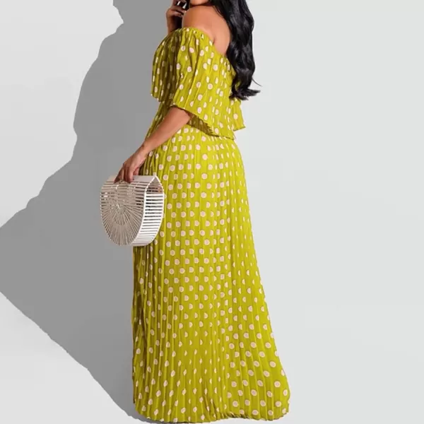 IyMoo Womens Sexy Chiffon Sundress Off Shoulder Ombre Tie Dye Pleated Skirts Long Boho Beach Maxi DressPolka Dot Yellow