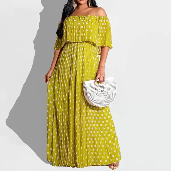 IyMoo Womens Sexy Chiffon Sundress Off Shoulder Ombre Tie Dye Pleated Skirts Long Boho Beach Maxi DressPolka Dot Yellow