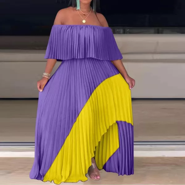 IyMoo Womens Sexy Chiffon Sundress Off Shoulder Ombre Tie Dye Pleated Skirts Long Boho Beach Maxi DressPurple Yellow