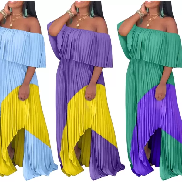 IyMoo Womens Sexy Chiffon Sundress Off Shoulder Ombre Tie Dye Pleated Skirts Long Boho Beach Maxi DressPurple Yellow