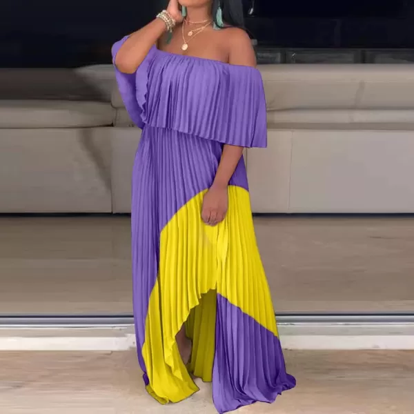 IyMoo Womens Sexy Chiffon Sundress Off Shoulder Ombre Tie Dye Pleated Skirts Long Boho Beach Maxi DressPurple Yellow