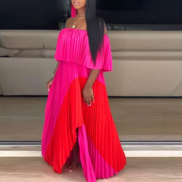 IyMoo Womens Sexy Chiffon Sundress Off Shoulder Ombre Tie Dye Pleated Skirts Long Boho Beach Maxi DressRose Red