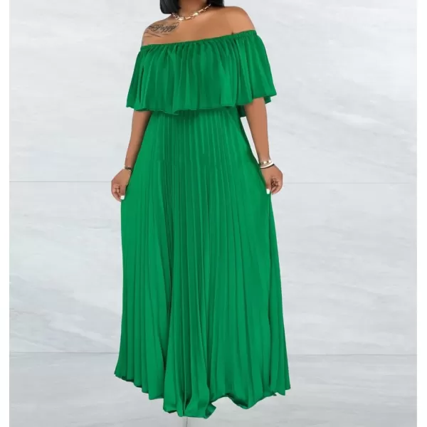 IyMoo Womens Sexy Chiffon Sundress Off Shoulder Ombre Tie Dye Pleated Skirts Long Boho Beach Maxi DressSolid Green