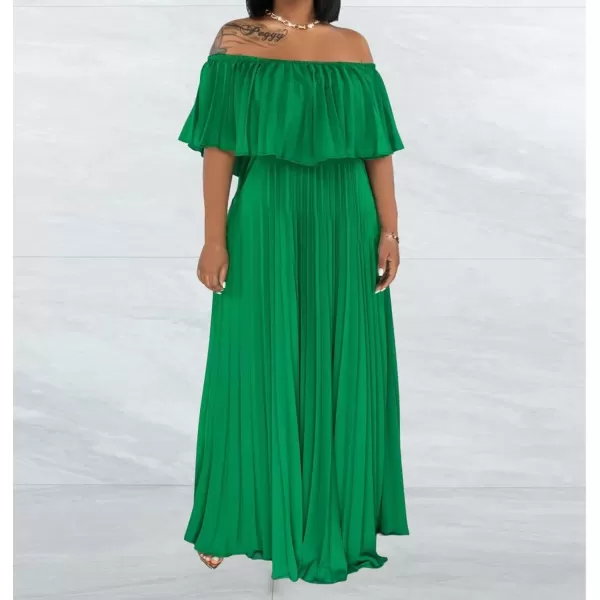 IyMoo Womens Sexy Chiffon Sundress Off Shoulder Ombre Tie Dye Pleated Skirts Long Boho Beach Maxi DressSolid Green