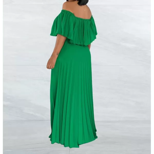 IyMoo Womens Sexy Chiffon Sundress Off Shoulder Ombre Tie Dye Pleated Skirts Long Boho Beach Maxi DressSolid Green