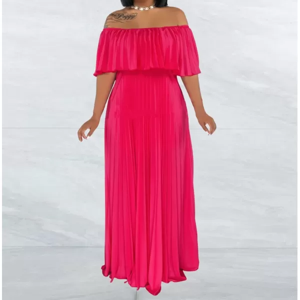 IyMoo Womens Sexy Chiffon Sundress Off Shoulder Ombre Tie Dye Pleated Skirts Long Boho Beach Maxi DressSolid Rose Red