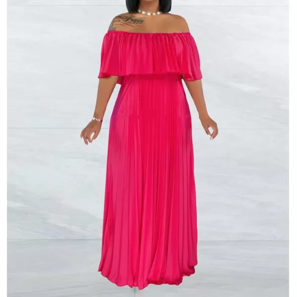 IyMoo Womens Sexy Chiffon Sundress Off Shoulder Ombre Tie Dye Pleated Skirts Long Boho Beach Maxi DressSolid Rose Red