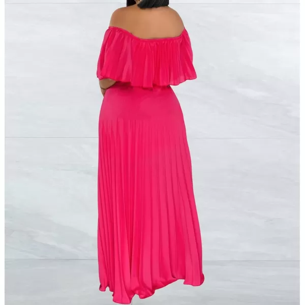 IyMoo Womens Sexy Chiffon Sundress Off Shoulder Ombre Tie Dye Pleated Skirts Long Boho Beach Maxi DressSolid Rose Red