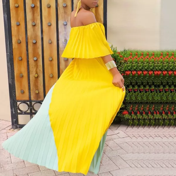 IyMoo Womens Sexy Chiffon Sundress Off Shoulder Ombre Tie Dye Pleated Skirts Long Boho Beach Maxi DressYellowlight Blue