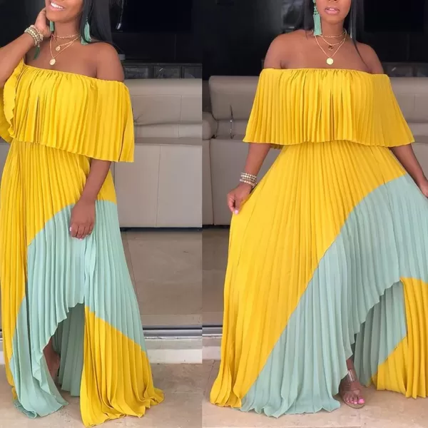 IyMoo Womens Sexy Chiffon Sundress Off Shoulder Ombre Tie Dye Pleated Skirts Long Boho Beach Maxi DressYellowlight Blue