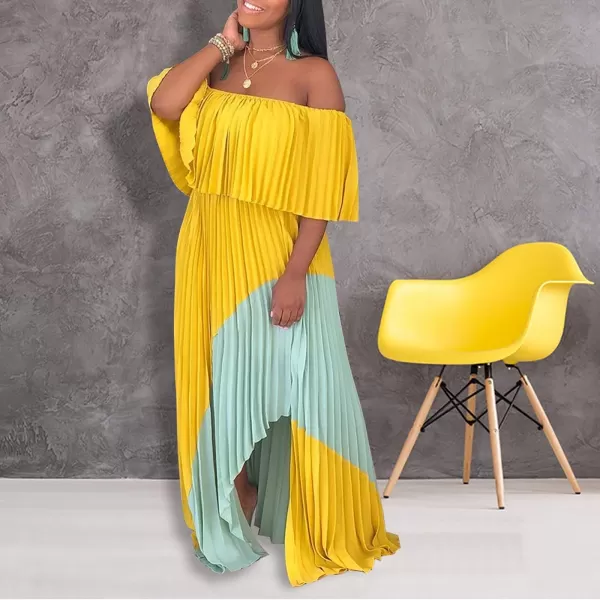 IyMoo Womens Sexy Chiffon Sundress Off Shoulder Ombre Tie Dye Pleated Skirts Long Boho Beach Maxi DressYellowlight Blue