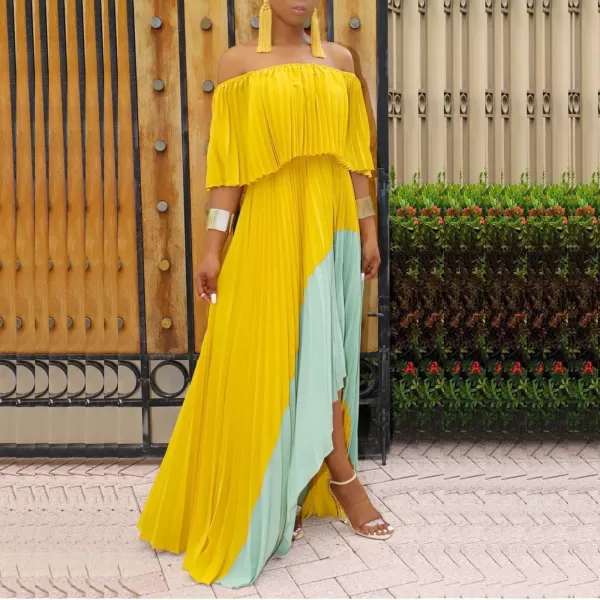 IyMoo Womens Sexy Chiffon Sundress Off Shoulder Ombre Tie Dye Pleated Skirts Long Boho Beach Maxi DressYellowlight Blue