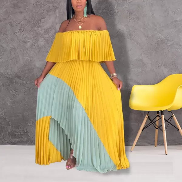 IyMoo Womens Sexy Chiffon Sundress Off Shoulder Ombre Tie Dye Pleated Skirts Long Boho Beach Maxi DressYellowlight Blue