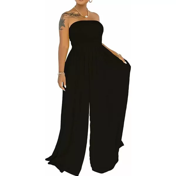 IyMoo Womens Sexy Off Shoulder Strapless Loose Wide Leg Jumpsuit Long Romper with Pockets083 Black
