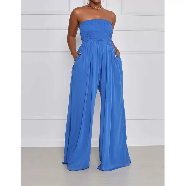 IyMoo Womens Sexy Off Shoulder Strapless Loose Wide Leg Jumpsuit Long Romper with PocketsBlue