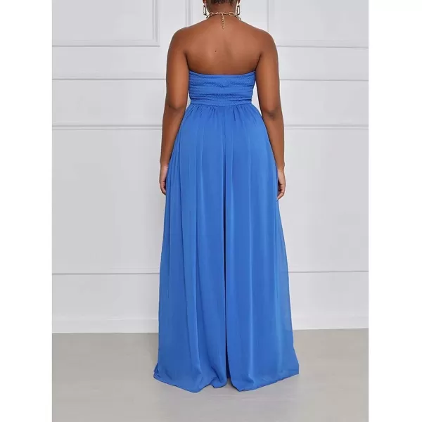 IyMoo Womens Sexy Off Shoulder Strapless Loose Wide Leg Jumpsuit Long Romper with PocketsBlue