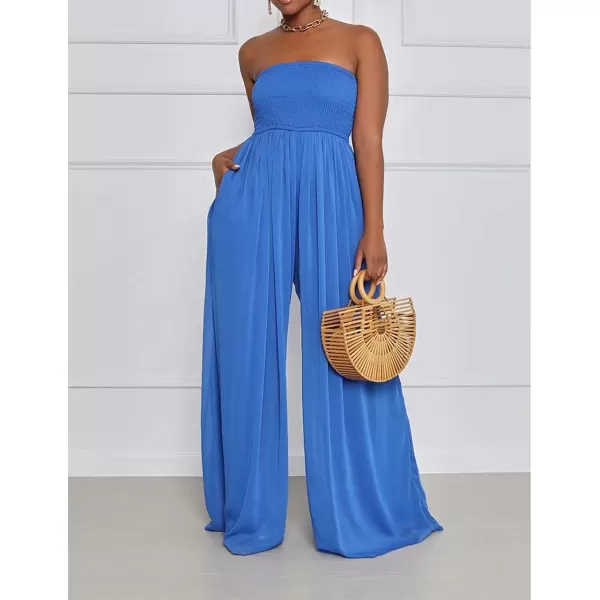 IyMoo Womens Sexy Off Shoulder Strapless Loose Wide Leg Jumpsuit Long Romper with PocketsBlue