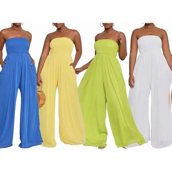 IyMoo Womens Sexy Off Shoulder Strapless Loose Wide Leg Jumpsuit Long Romper with PocketsGreen